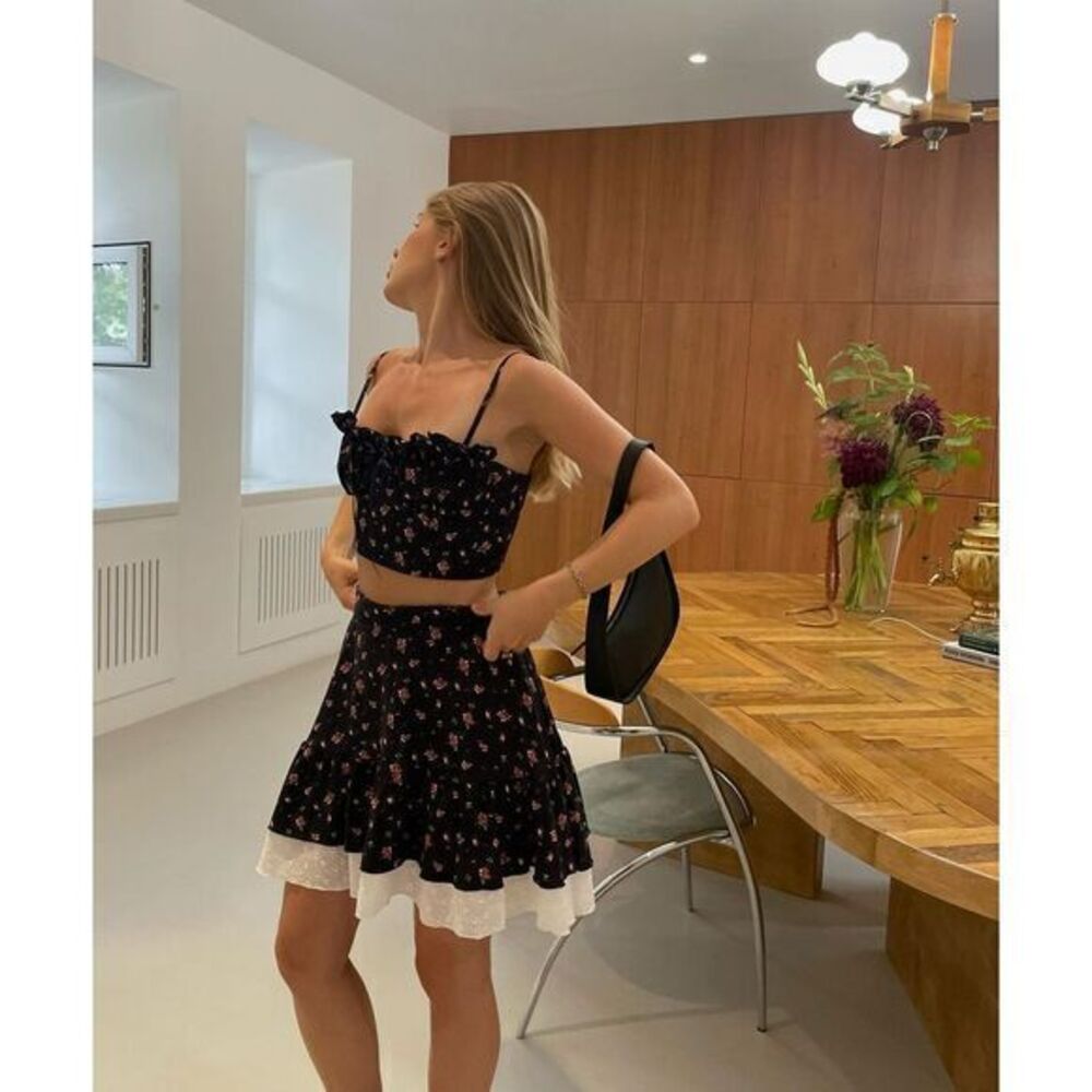 Commense Floral Two-Piece Crop‎ Top and Skirt Set Summer Party Outfit Size Small